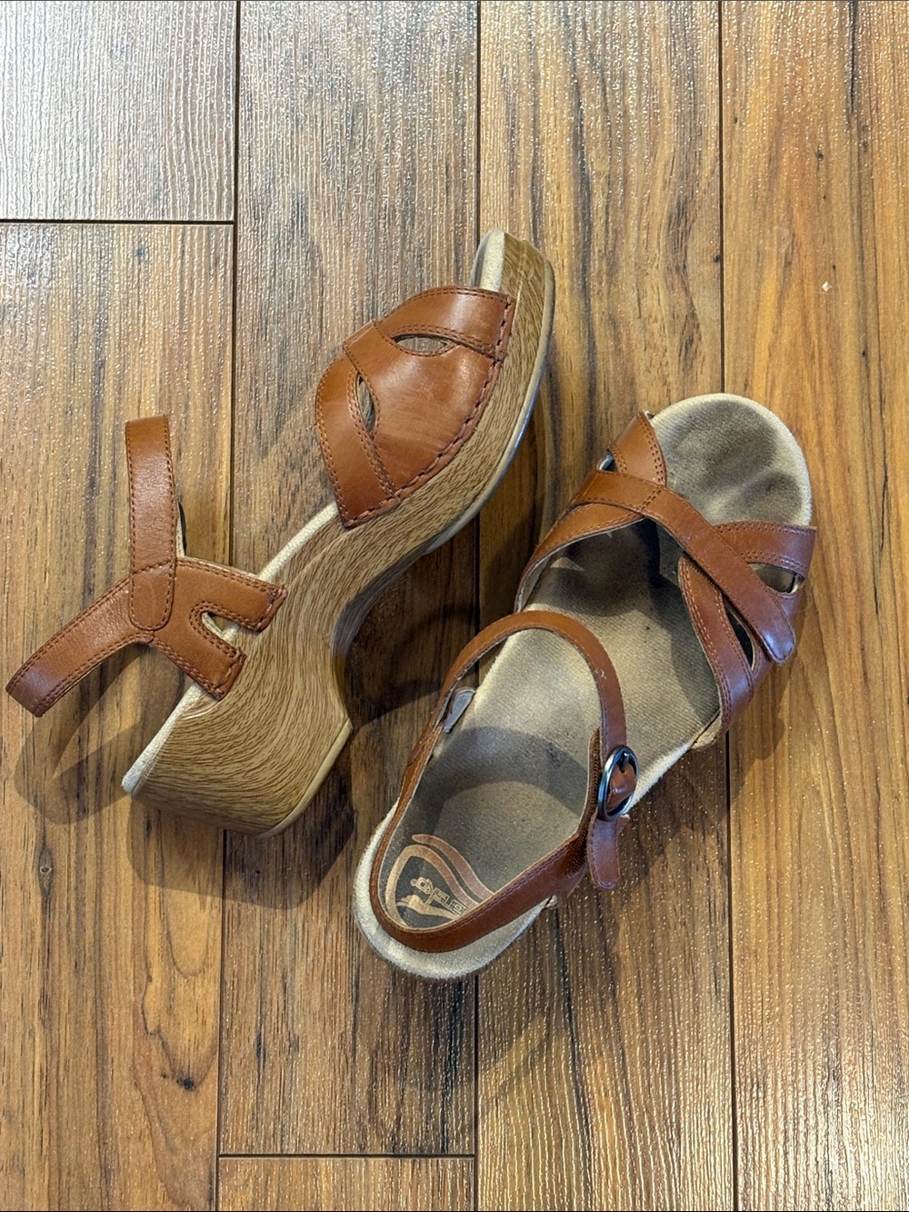 Dansko Tan Leather Platform Sandal with Ankle Strap
